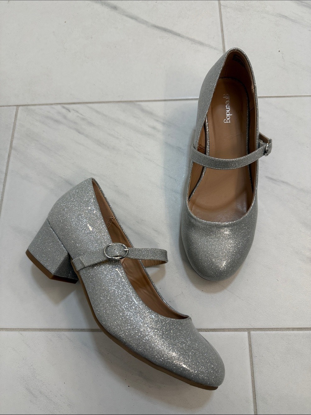 Greendog "Leslie" Silver Glitter Mary Jane Block Heels - Size 5M